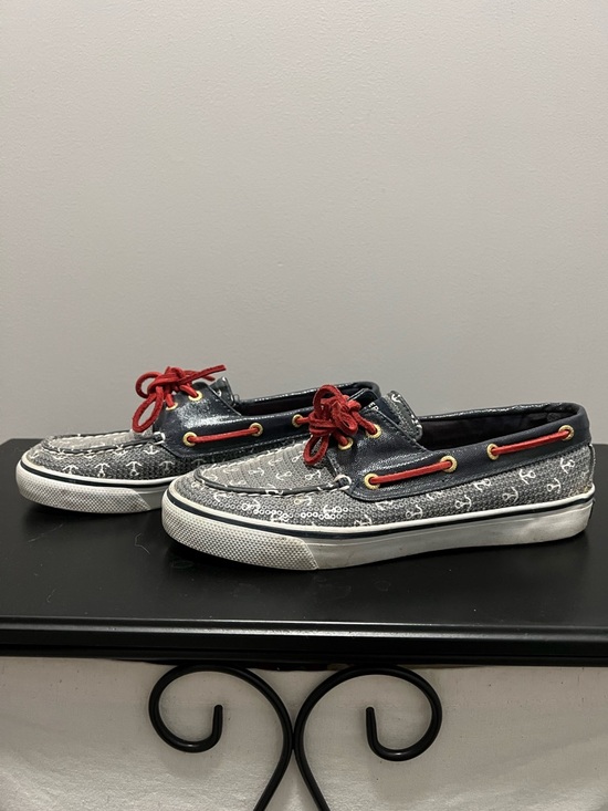 Sperry Shoes - Sperry Navy Blue Sequin Boat Shoes with Red Laces